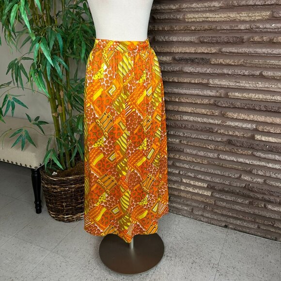 Vintage 60s 70s Pop Art Orange Yellow Geometric Nylon Maxi Skirt - Picture 5 of 7